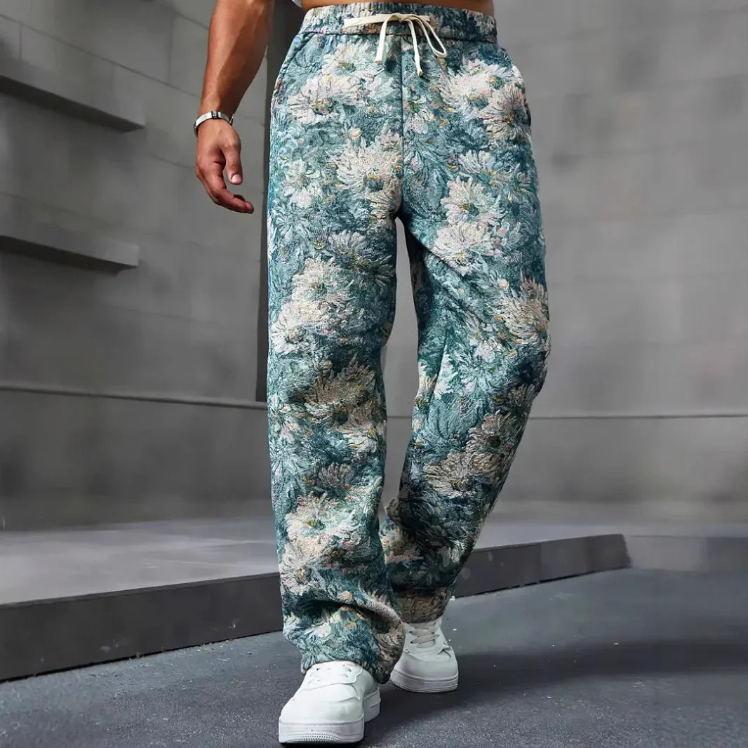 Casual Men's Long Pants Fresh Mint Flower Print Drawstring Waist Belt Suitable for All Seasons Comfortable Loose Fit Trousers