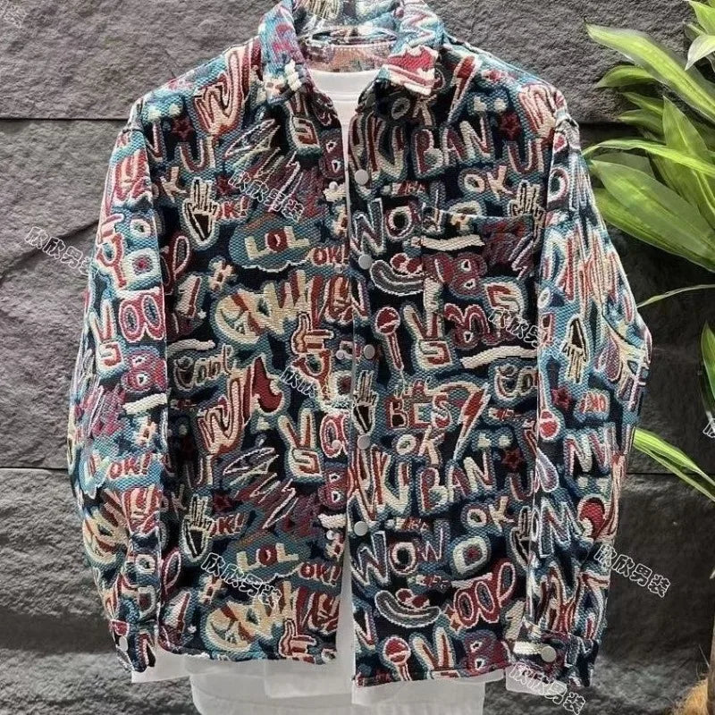 Cotton-thickened Fashion Printed Casual Jacket for Men's Fashionable Versatile Loose Lapel Jacket Top