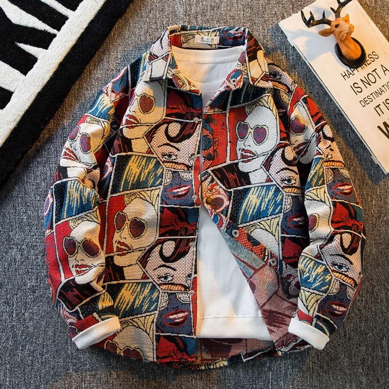 American Vintage Retro Fashion Oil Painting Shirt Men's Korean Version 2025 New High-end Long-sleeved Shirt Casual Jacket Urban