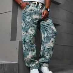 Casual Men's Long Pants Fresh Mint Flower Print Drawstring Waist Belt Suitable for All Seasons Comfortable Loose Fit Trousers
