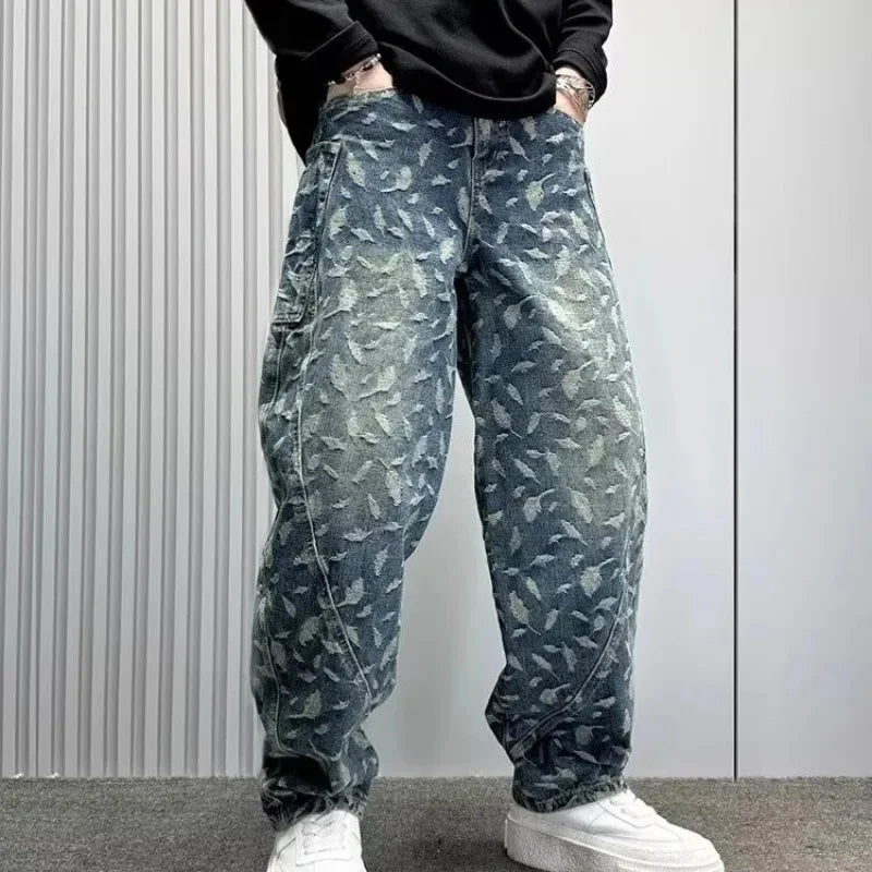 American Style Hip Hop Men's Wide Leg Jeans Spring High Street Cool Loose Casual Print Straight Leg Pants