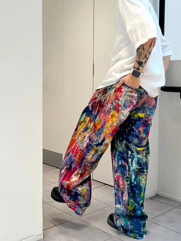 2025 Ropa Y2K Streetwear Graffiti Painting Baggy Jeans Pants For Men Designer Clothes Colorblock Kanye Wide Leg Denim Trousers