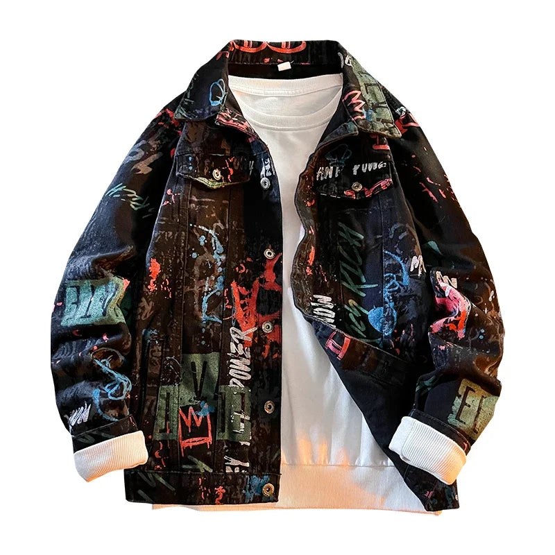 Hip Pop Leter Graffiti Denim Jacket Men's Fashion Spring Punk Wear Korean Kpop Trend Slim Top Unisex Handsome Casual Jeans Coat