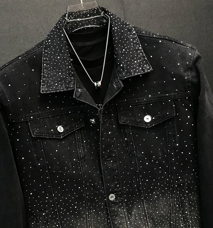 Men's Lapel Loose Version Versatile Shoulder Padded Jacket Casual Handsome Long Sleeve Chic Denim Top Hot Diamond Denim Jackets