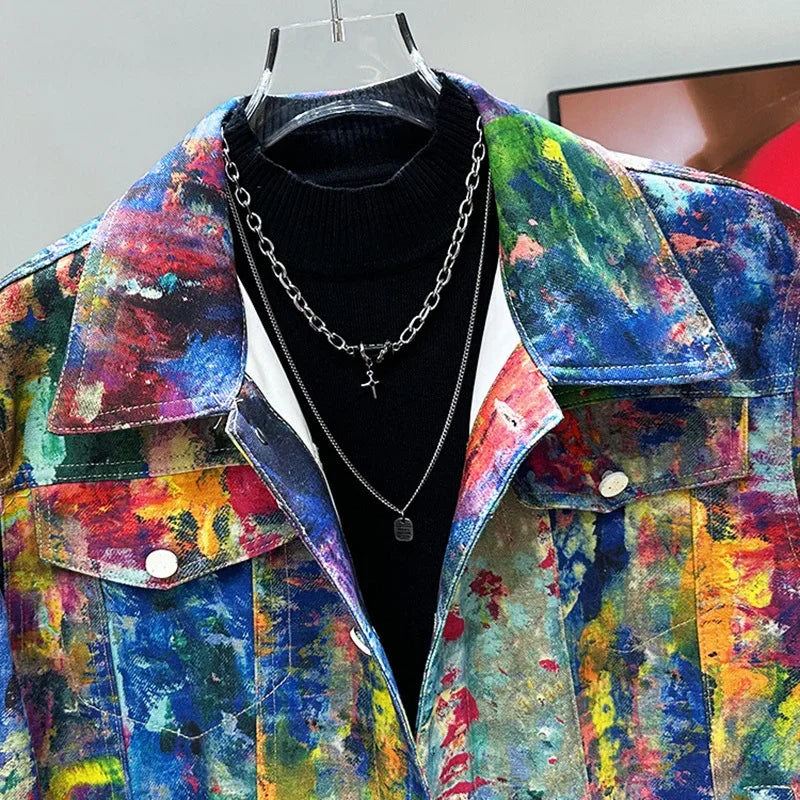 Unisex Harajuku Spring Rainbow Color Graffiti Hand Painted Denim Jacket Contrast Color Colorful Jeans Coat Cowboy Streetwear