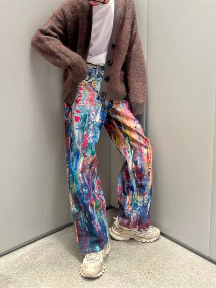 2025 Ropa Y2K Streetwear Graffiti Painting Baggy Jeans Pants For Men Designer Clothes Colorblock Kanye Wide Leg Denim Trousers