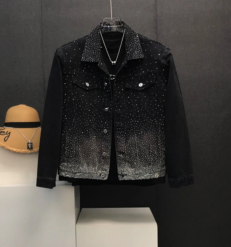 Men's Lapel Loose Version Versatile Shoulder Padded Jacket Casual Handsome Long Sleeve Chic Denim Top Hot Diamond Denim Jackets