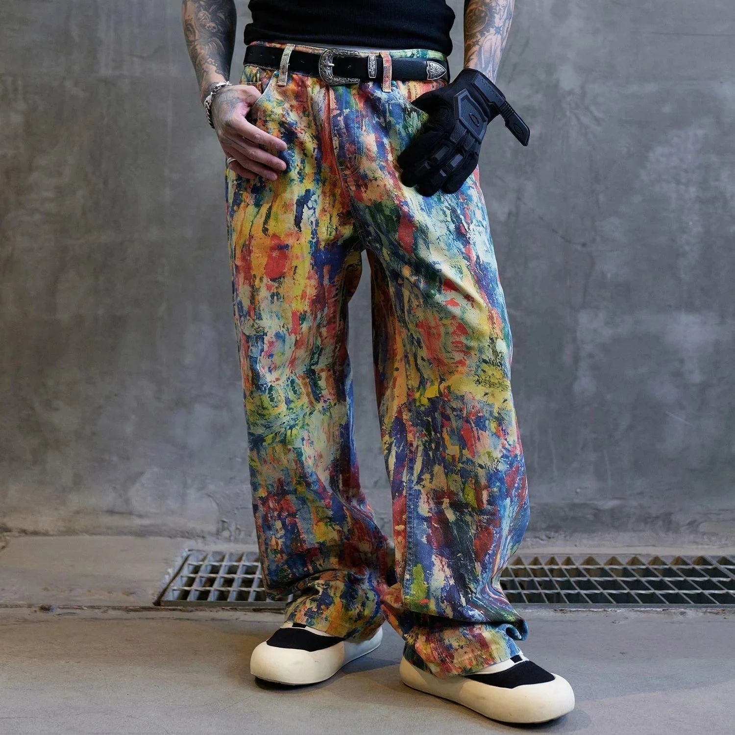 Street Style Graffiti Paint High Waist Men's Original Straight Leg Jeans Unique Wide Leg Pants Early Spring New Arrival