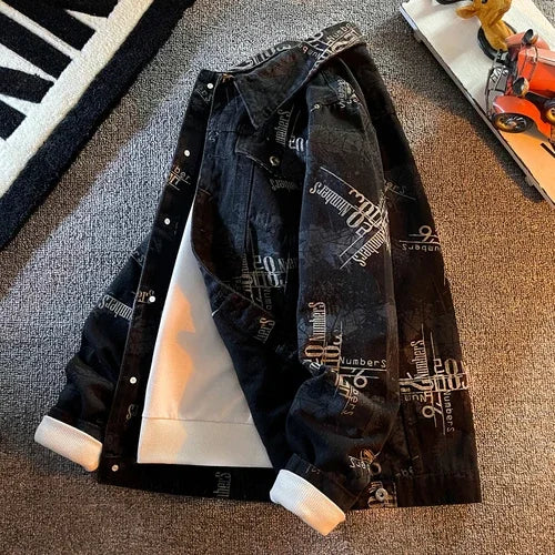 Hip Pop Leter Graffiti Denim Jacket Men's Fashion Spring Punk Wear Korean Kpop Trend Slim Top Unisex Handsome Casual Jeans Coat