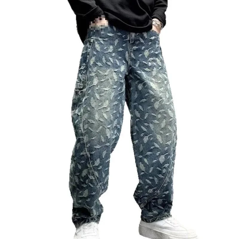 American Style Hip Hop Men's Wide Leg Jeans Spring High Street Cool Loose Casual Print Straight Leg Pants
