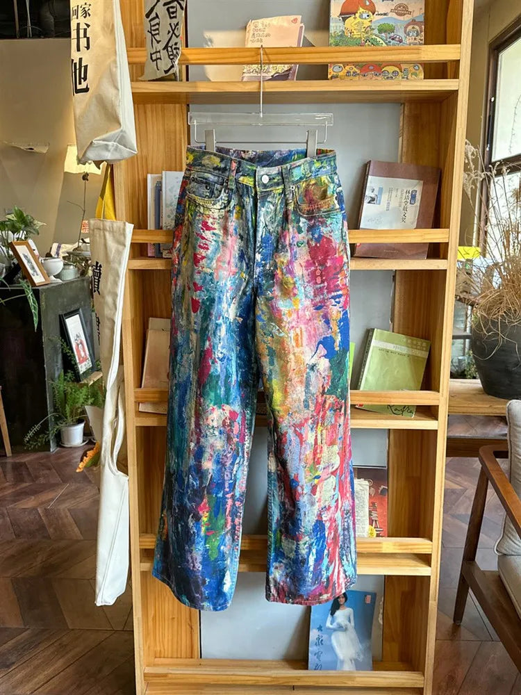 2025 Ropa Y2K Streetwear Graffiti Painting Baggy Jeans Pants For Men Designer Clothes Colorblock Kanye Wide Leg Denim Trousers