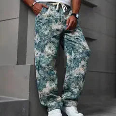 Casual Men's Long Pants Fresh Mint Flower Print Drawstring Waist Belt Suitable for All Seasons Comfortable Loose Fit Trousers