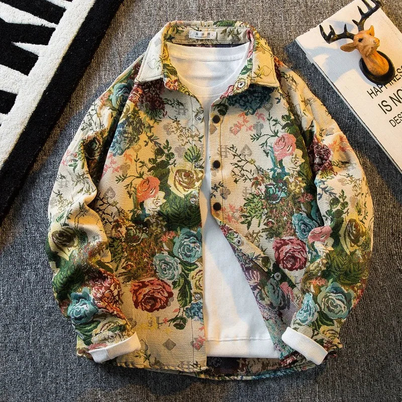 American Vintage Retro Fashion Oil Painting Shirt Men's Korean Version 2025 New High-end Long-sleeved Shirt Casual Jacket Urban