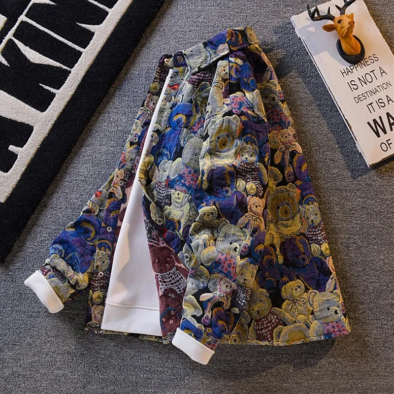 Retro American Bear Embroidery Jacket Loose Casual Collar Men's Fashion Brand Handsome Summer Thin Outerwear Top