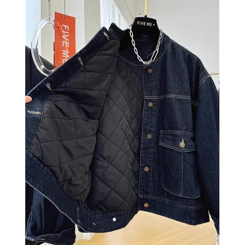 Casual Cotton Denim Jacket Women Parkas Autumn Winter New Single-Breasted Short Padded Jeans Coat Female Loose Outerwear T882