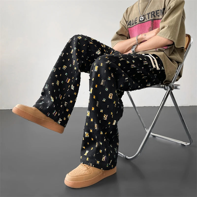 Cotton Casual Pants Men Fashion Retro Colored Plaid Pants Men Streetwear Hip-hop Loose Hollow Out Pants Mens Hole Trousers M-3XL