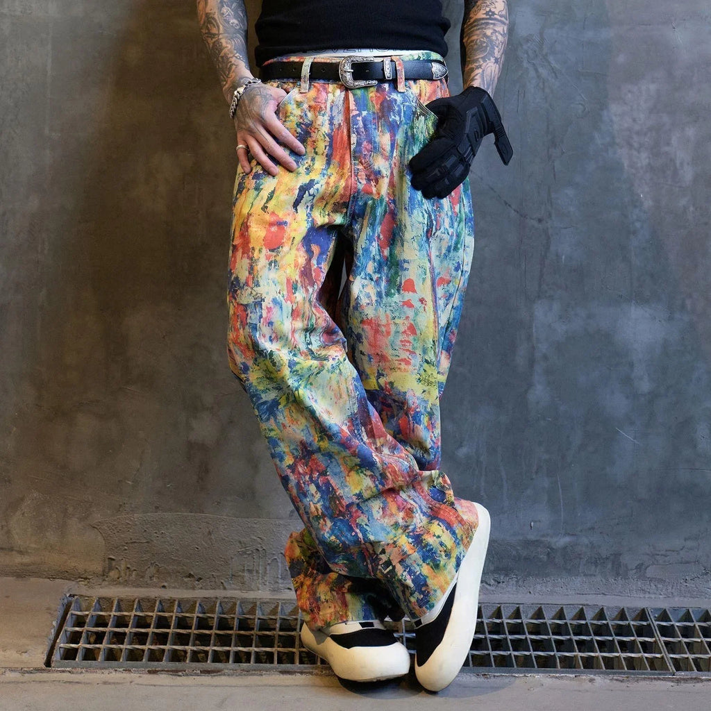 Street Style Graffiti Paint High Waist Men's Original Straight Leg Jeans Unique Wide Leg Pants Early Spring New Arrival
