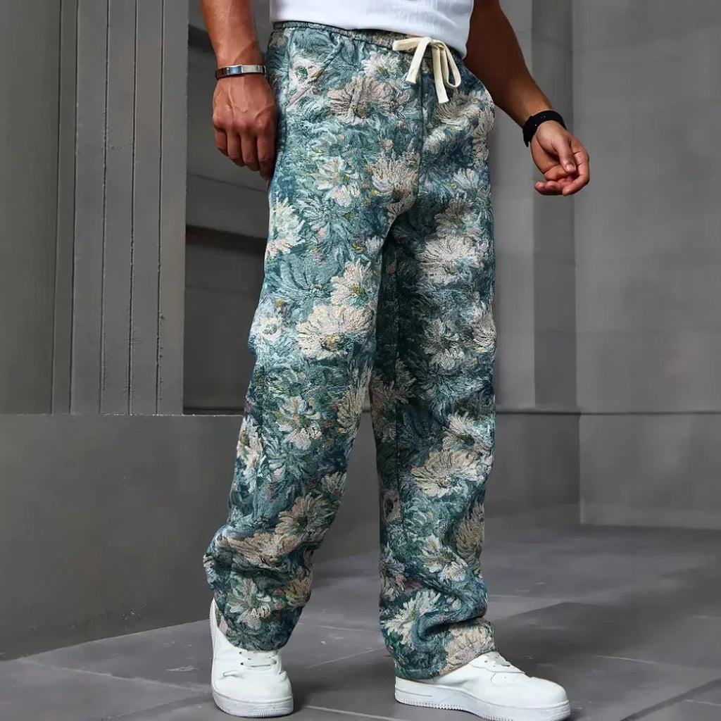 Casual Men's Long Pants Fresh Mint Flower Print Drawstring Waist Belt Suitable for All Seasons Comfortable Loose Fit Trousers