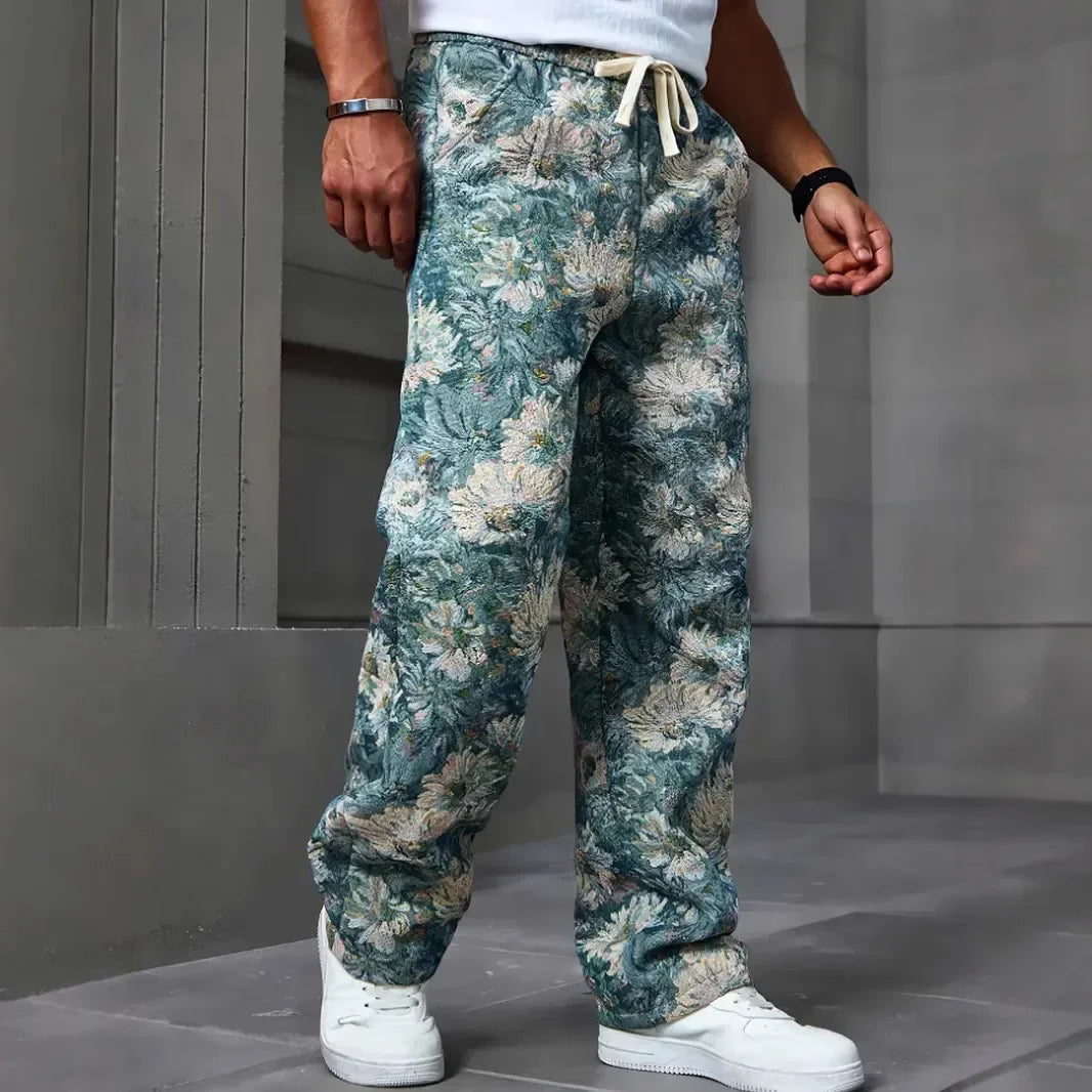 Casual Men's Long Pants Fresh Mint Flower Print Drawstring Waist Belt Suitable for All Seasons Comfortable Loose Fit Trousers