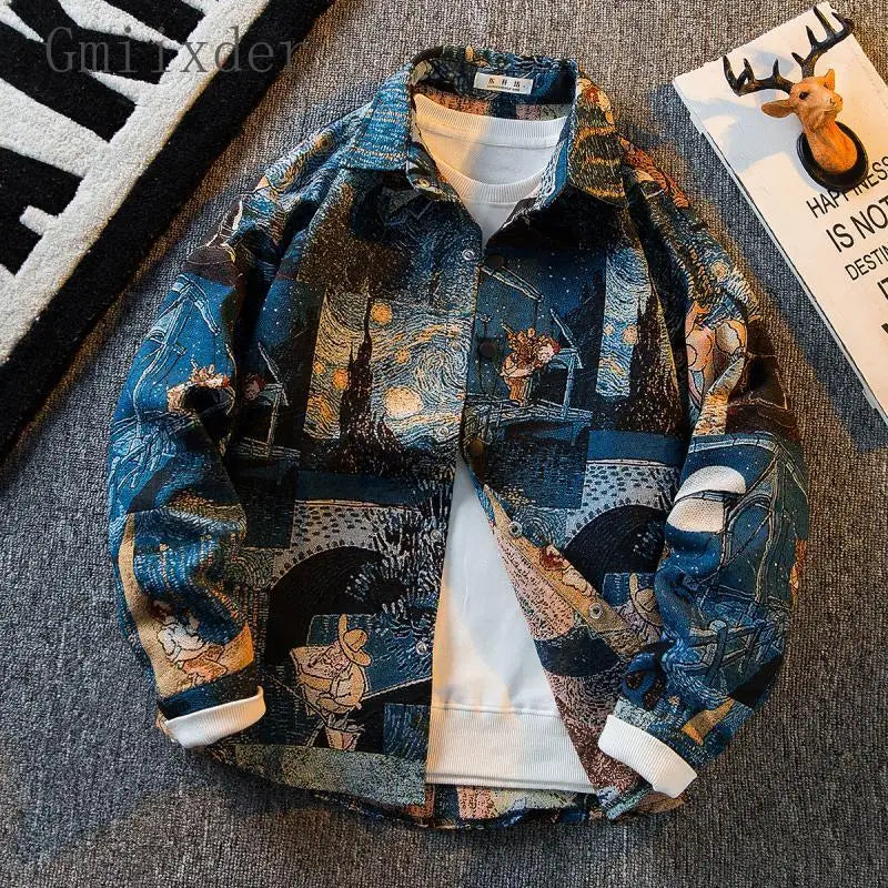 American Vintage Retro Fashion Oil Painting Shirt Men's Korean Version 2025 New High-end Long-sleeved Shirt Casual Jacket Urban