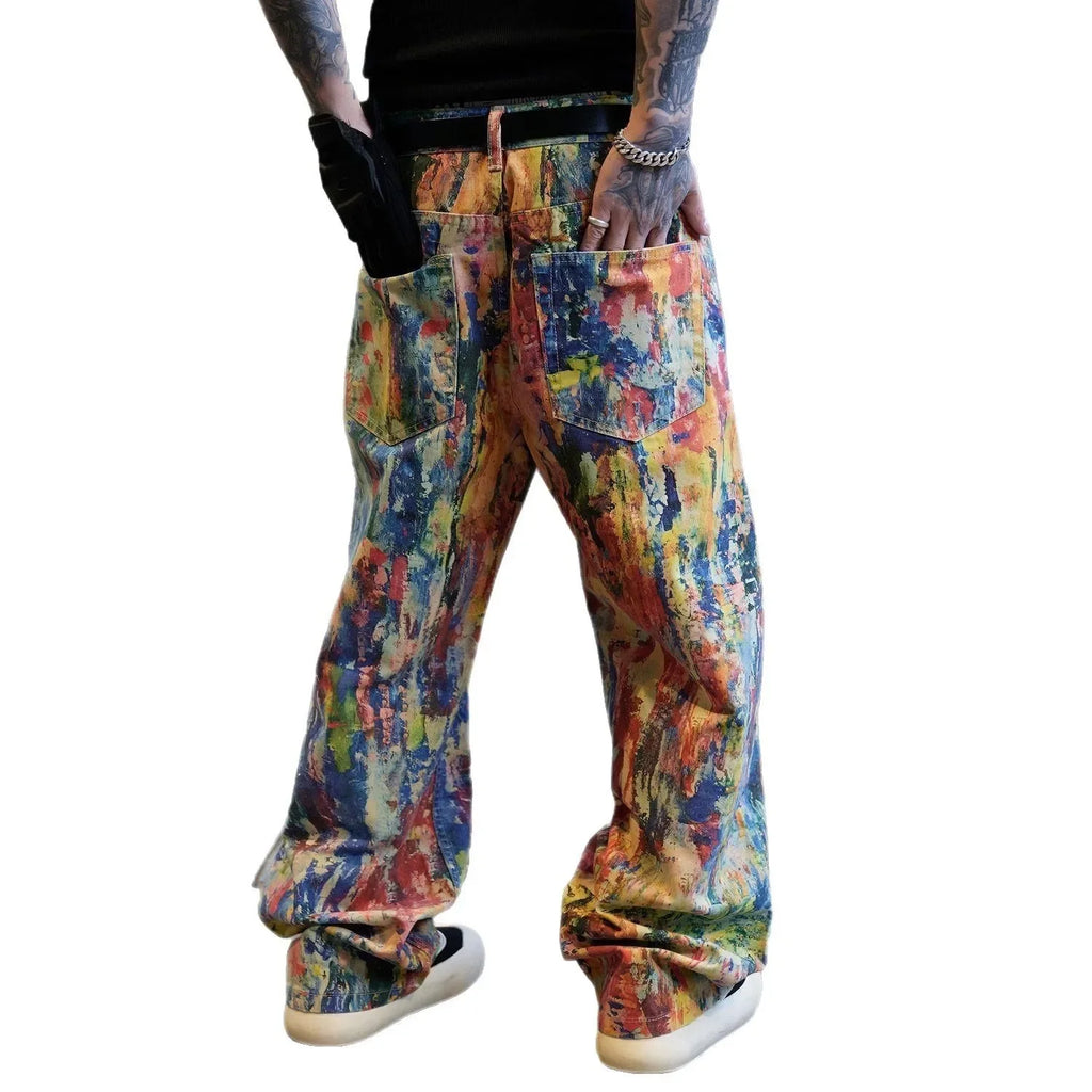Street Style Graffiti Paint High Waist Men's Original Straight Leg Jeans Unique Wide Leg Pants Early Spring New Arrival