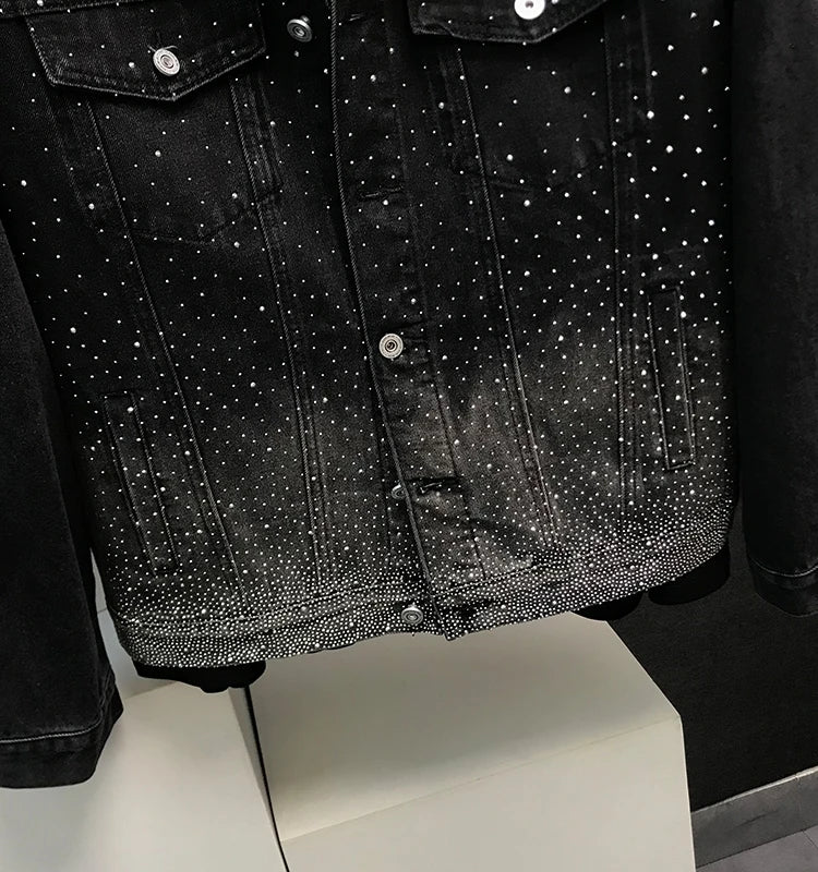 Men's Lapel Loose Version Versatile Shoulder Padded Jacket Casual Handsome Long Sleeve Chic Denim Top Hot Diamond Denim Jackets