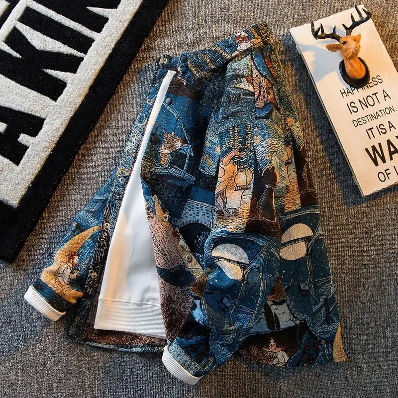 American Vintage Retro Fashion Oil Painting Shirt Men's Korean Version 2025 New High-end Long-sleeved Shirt Casual Jacket Urban