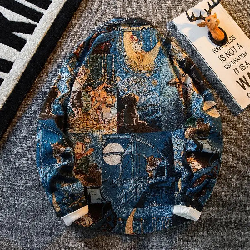 American Vintage Retro Fashion Oil Painting Shirt Men's Korean Version 2025 New High-end Long-sleeved Shirt Casual Jacket Urban