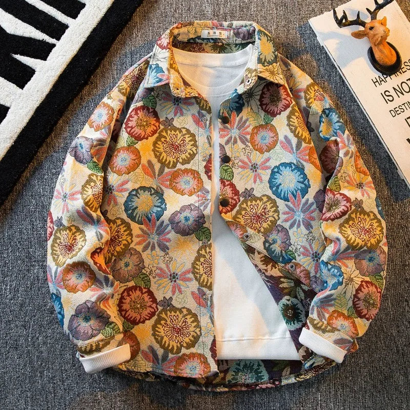 American Vintage Retro Fashion Oil Painting Shirt Men's Korean Version 2025 New High-end Long-sleeved Shirt Casual Jacket Urban