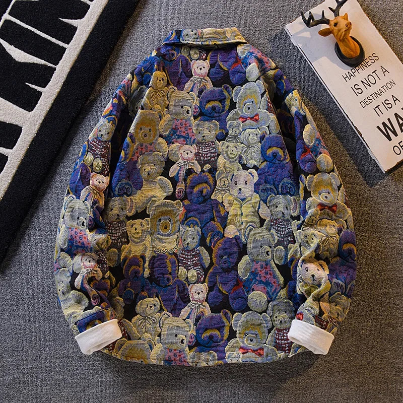 Retro American Bear Embroidery Jacket Loose Casual Collar Men's Fashion Brand Handsome Summer Thin Outerwear Top