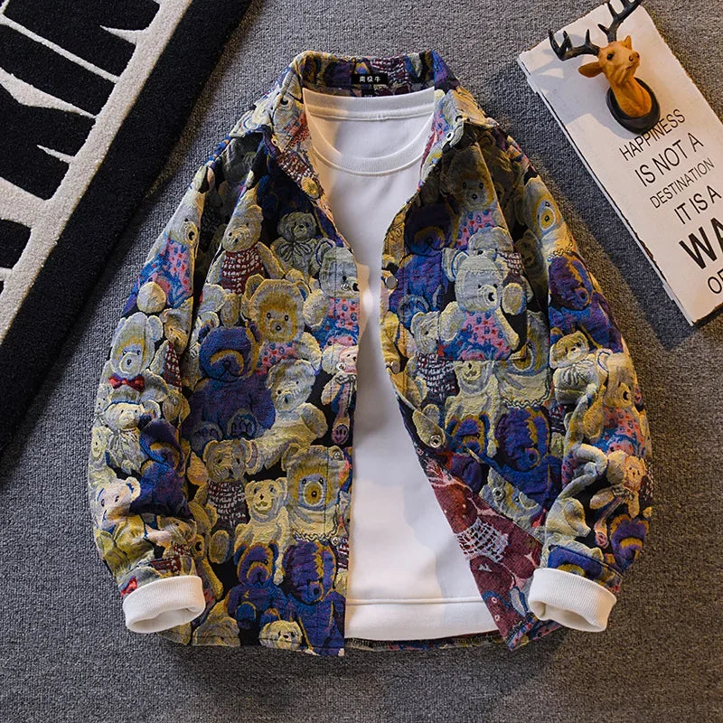 Retro American Bear Embroidery Jacket Loose Casual Collar Men's Fashion Brand Handsome Summer Thin Outerwear Top