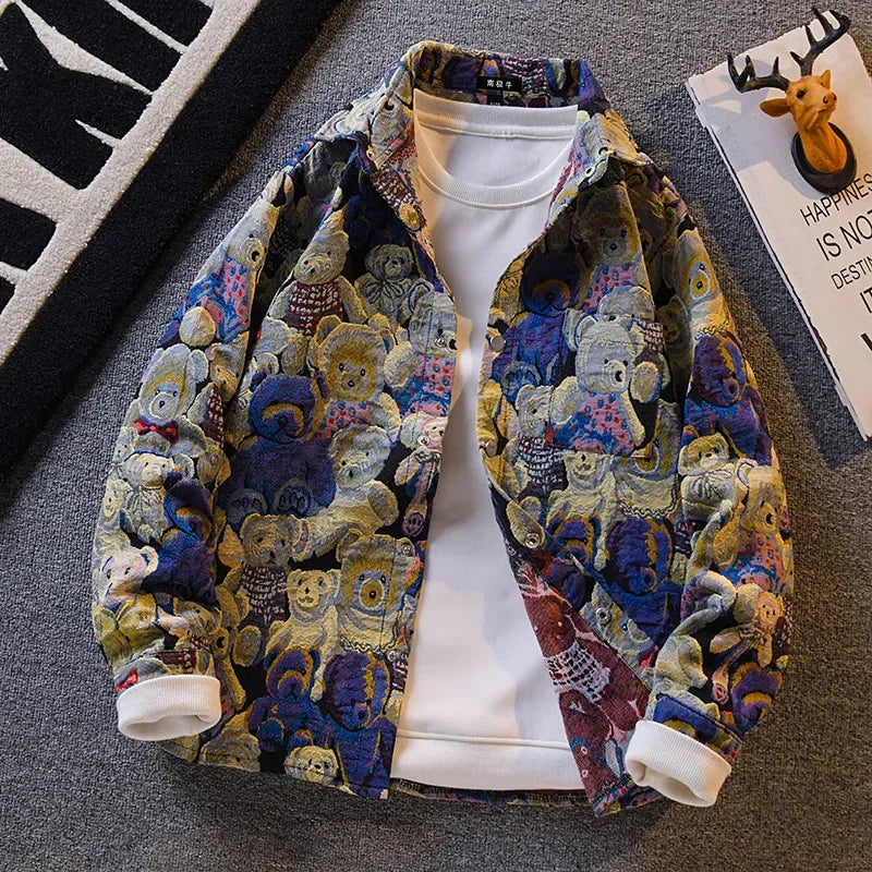 Retro American Bear Embroidery Jacket Loose Casual Collar Men's Fashion Brand Handsome Summer Thin Outerwear Top