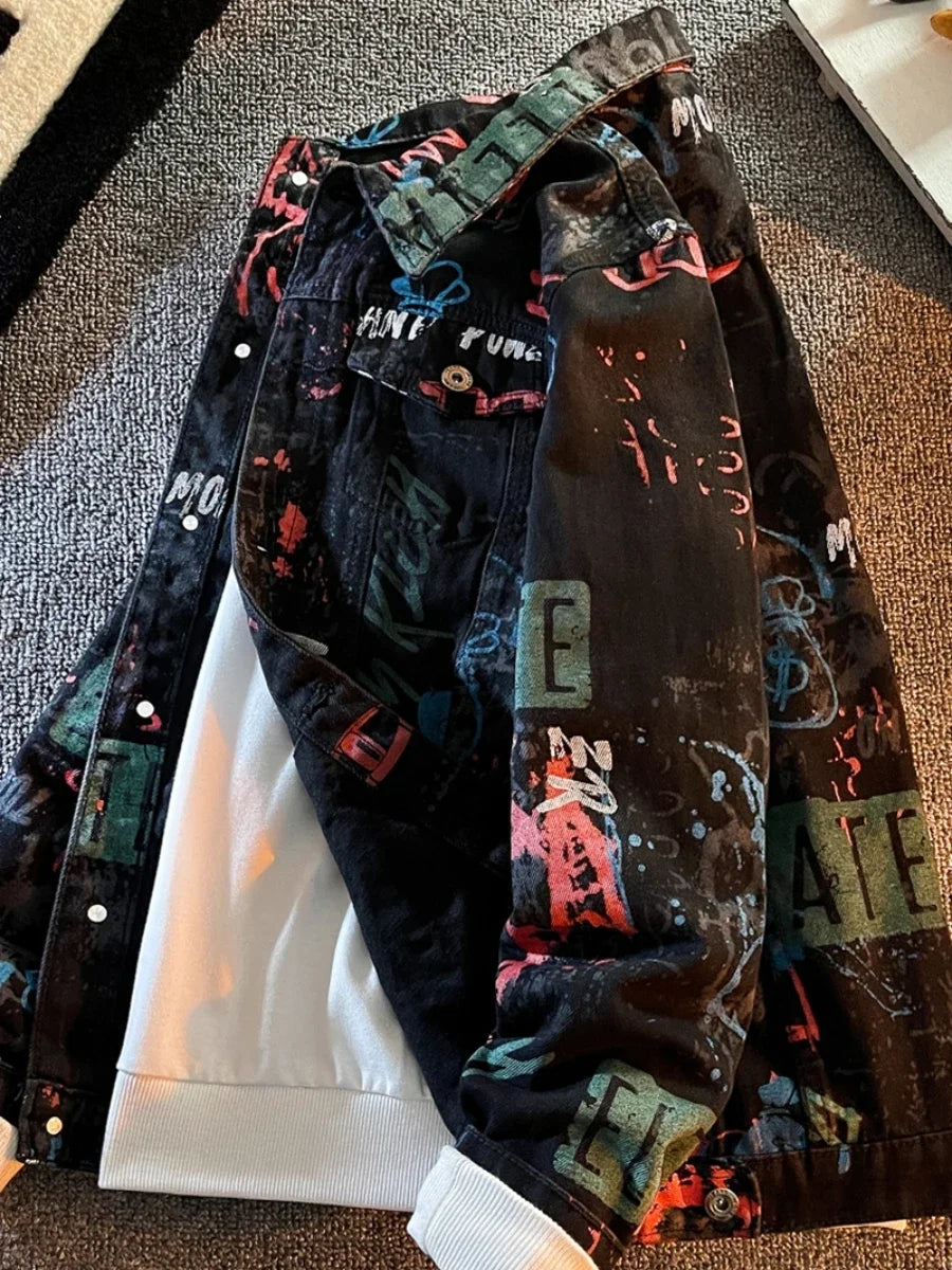 Hip Pop Leter Graffiti Denim Jacket Men's Fashion Spring Punk Wear Korean Kpop Trend Slim Top Unisex Handsome Casual Jeans Coat