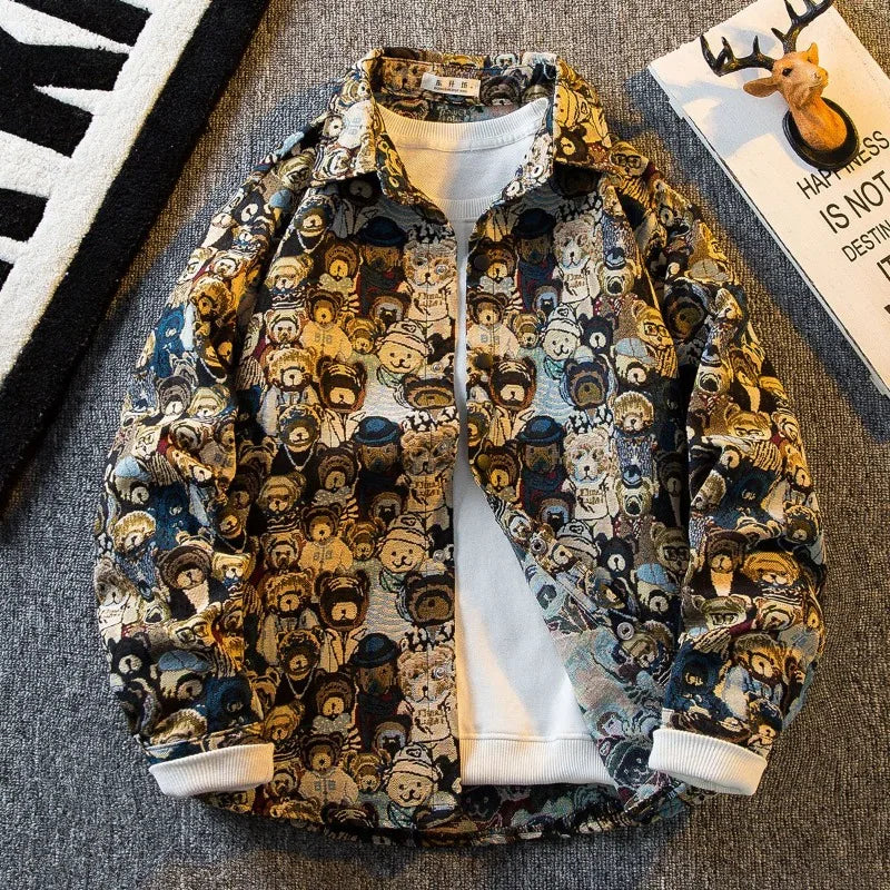 American Vintage Retro Fashion Oil Painting Shirt Men's Korean Version 2025 New High-end Long-sleeved Shirt Casual Jacket Urban