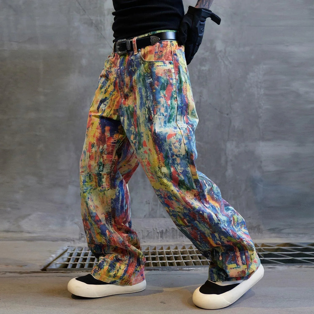 Street Style Graffiti Paint High Waist Men's Original Straight Leg Jeans Unique Wide Leg Pants Early Spring New Arrival