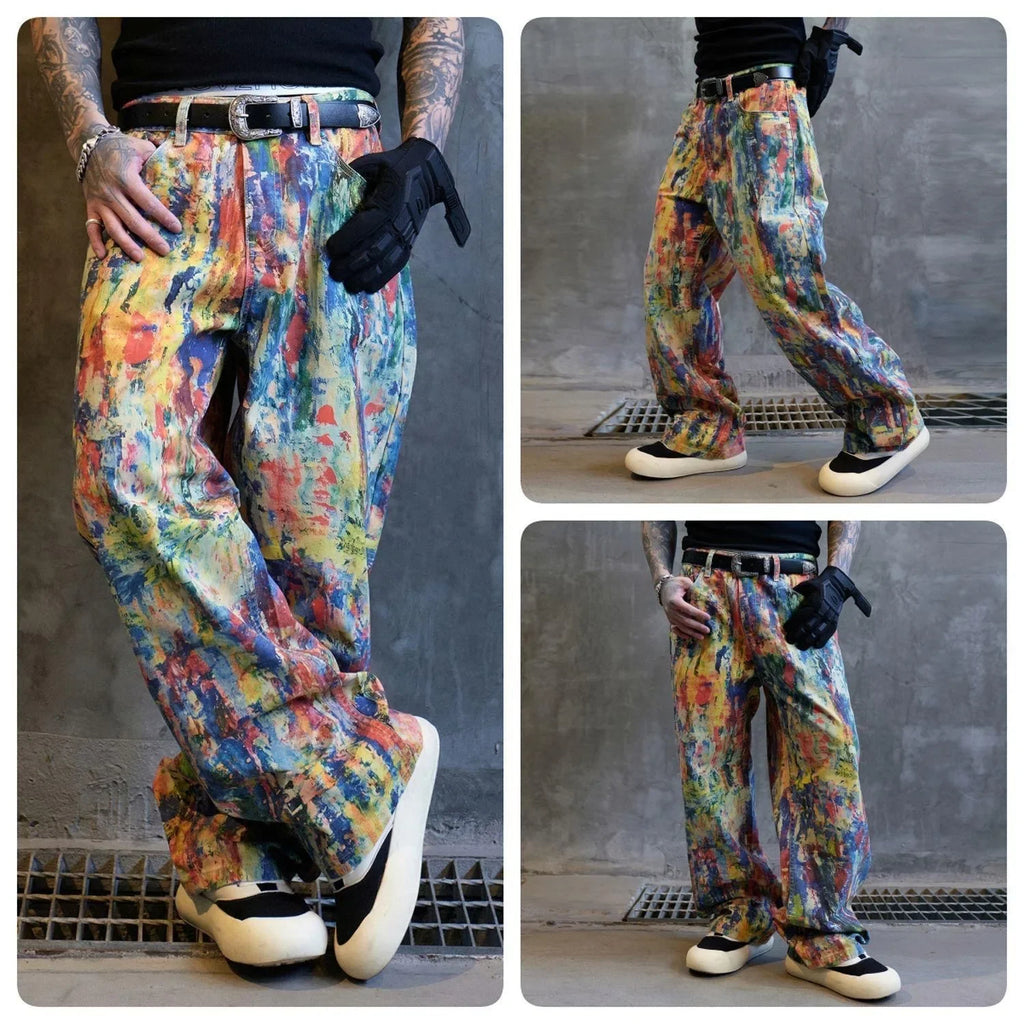 Street Style Graffiti Paint High Waist Men's Original Straight Leg Jeans Unique Wide Leg Pants Early Spring New Arrival