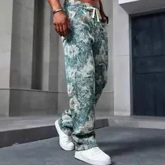 Casual Men's Long Pants Fresh Mint Flower Print Drawstring Waist Belt Suitable for All Seasons Comfortable Loose Fit Trousers