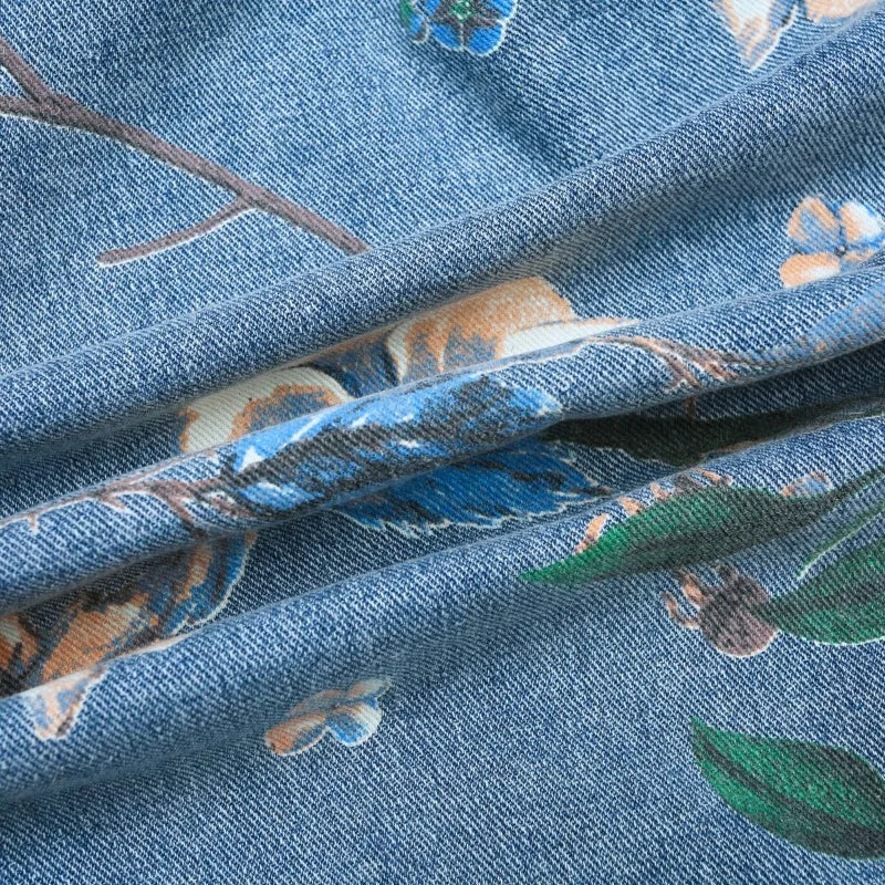 Vintage Floral Print Denim Jacket Men's Distressed Coat Streetwear Loose Fit Long Sleeve Jackets Korean Bomber Jeans Jacket