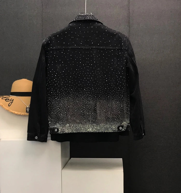 Men's Lapel Loose Version Versatile Shoulder Padded Jacket Casual Handsome Long Sleeve Chic Denim Top Hot Diamond Denim Jackets