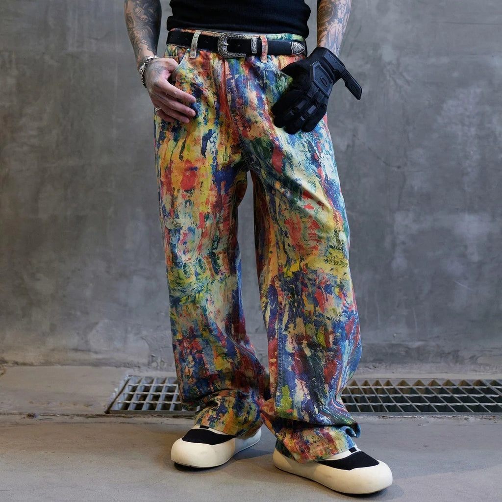 Street Style Graffiti Paint High Waist Men's Original Straight Leg Jeans Unique Wide Leg Pants Early Spring New Arrival