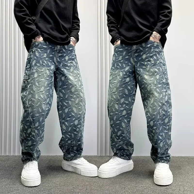 American Style Hip Hop Men's Wide Leg Jeans Spring High Street Cool Loose Casual Print Straight Leg Pants