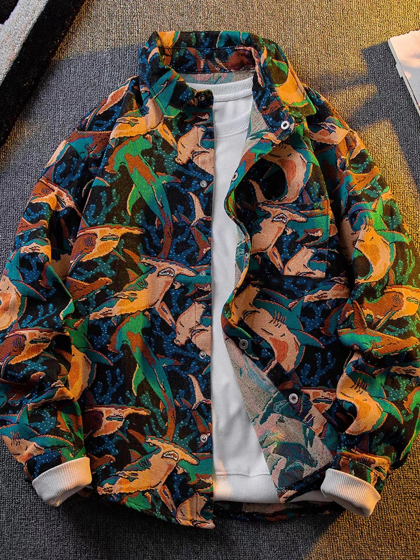 Men's autumn painted ethnic style woven jacquard shirt jacket top men's trendy ruffian handsome casual jacket