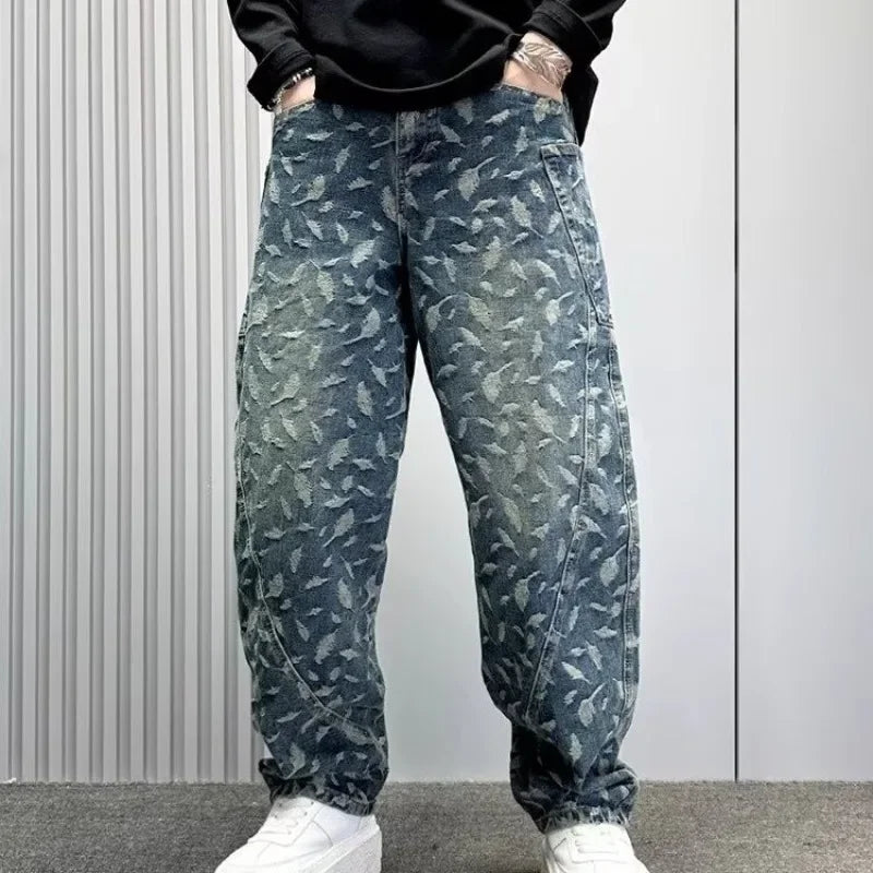 American Style Hip Hop Men's Wide Leg Jeans Spring High Street Cool Loose Casual Print Straight Leg Pants