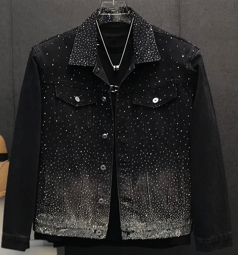 Men's Lapel Loose Version Versatile Shoulder Padded Jacket Casual Handsome Long Sleeve Chic Denim Top Hot Diamond Denim Jackets