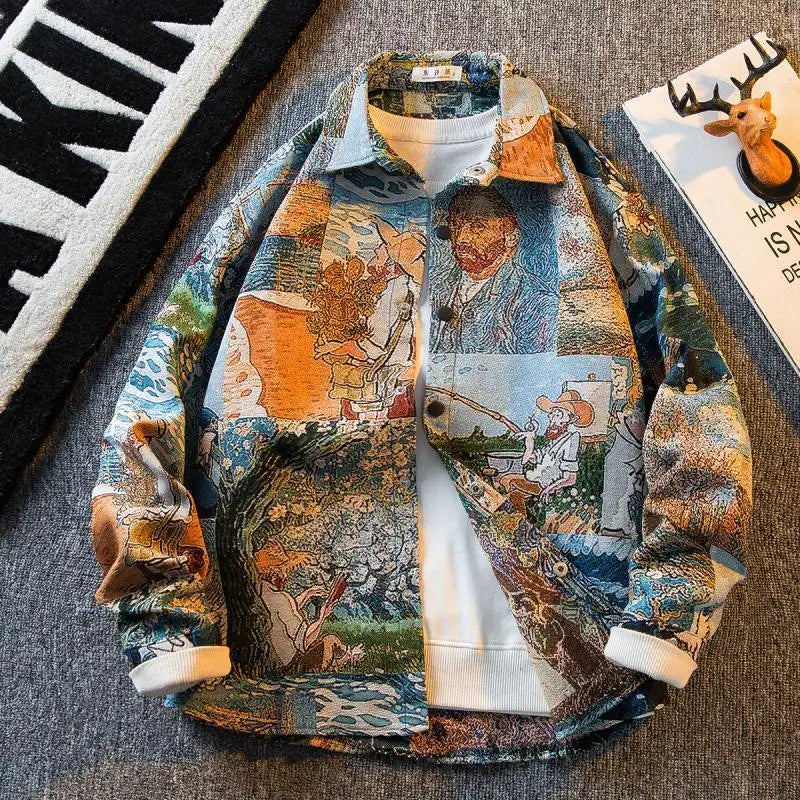 American Vintage Retro Fashion Oil Painting Shirt Men's Korean Version 2025 New High-end Long-sleeved Shirt Casual Jacket Urban