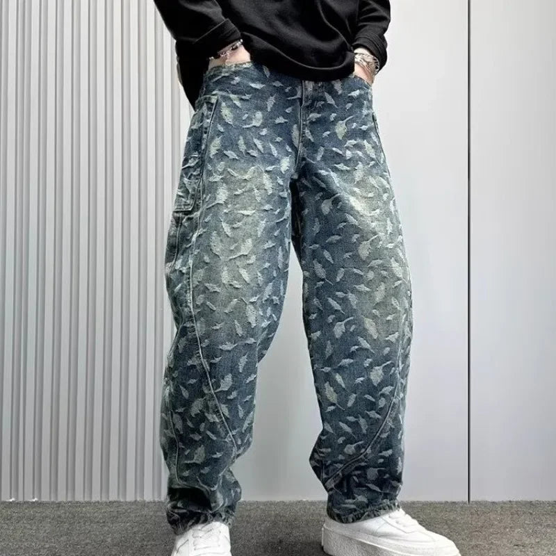 American Style Hip Hop Men's Wide Leg Jeans Spring High Street Cool Loose Casual Print Straight Leg Pants