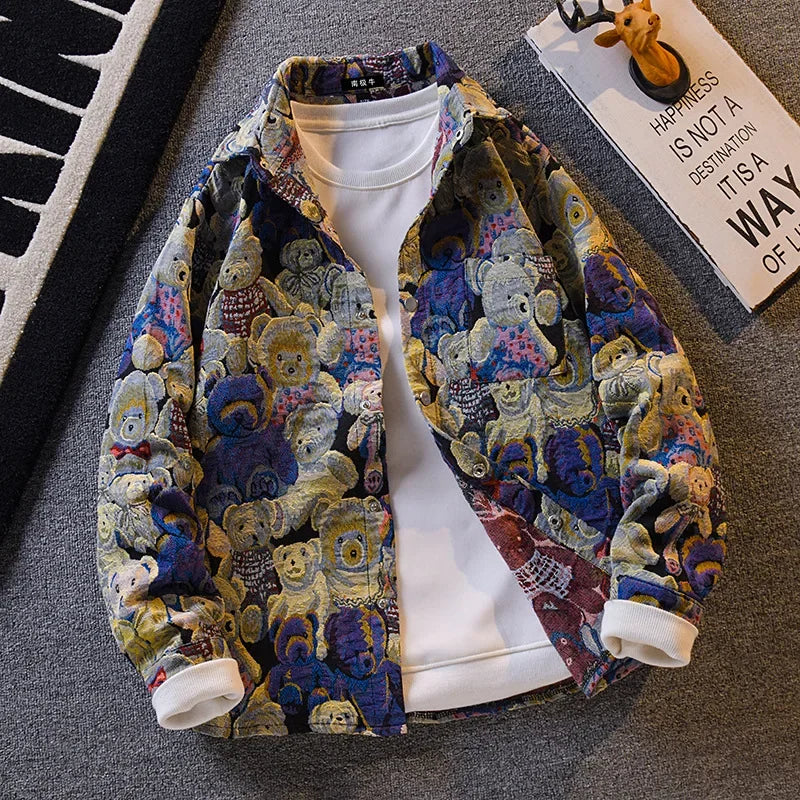 Retro American Bear Embroidery Jacket Loose Casual Collar Men's Fashion Brand Handsome Summer Thin Outerwear Top