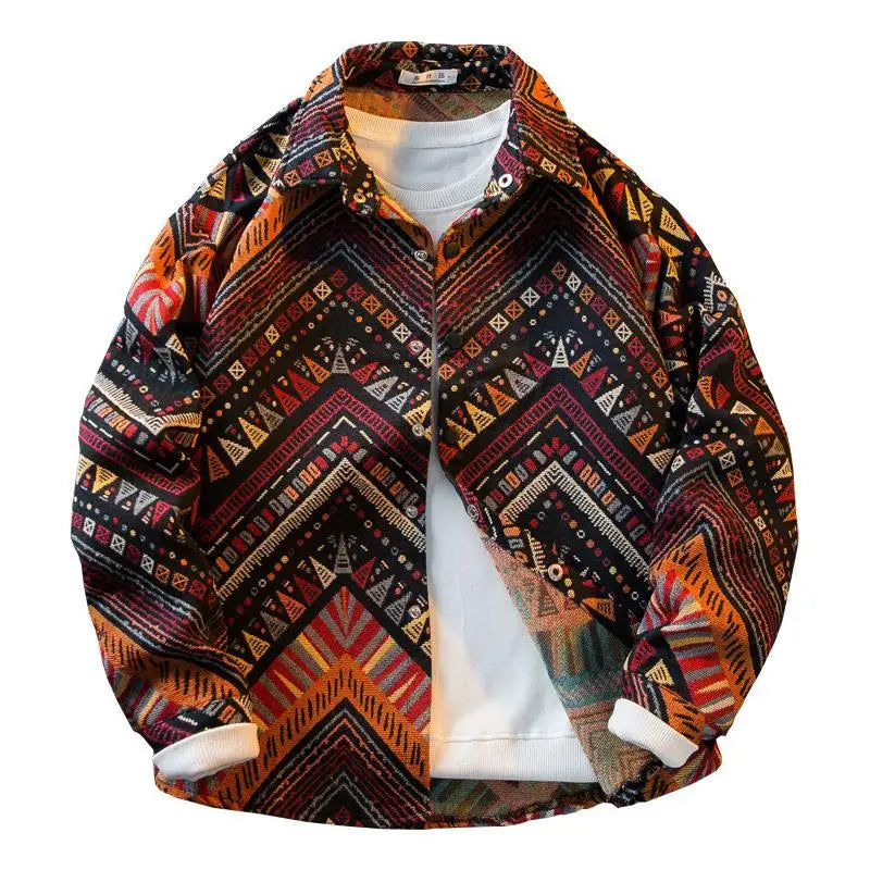 Men's high-density woven shirt men's high-end retro ethnic style long sleeved shirt trendy clothing jacket men clothing shirt
