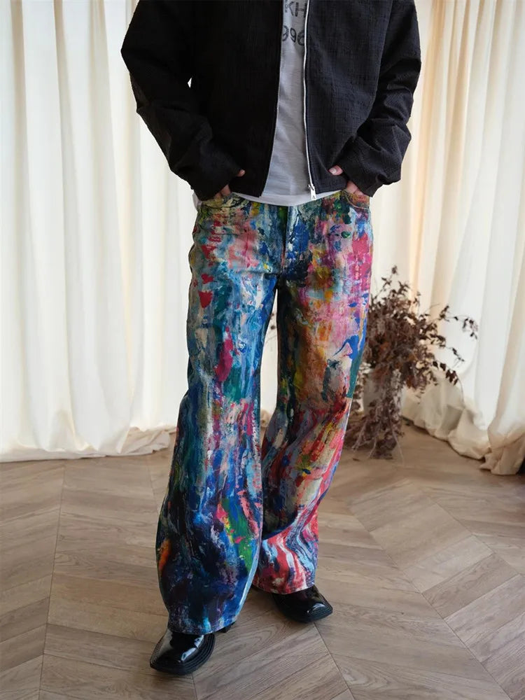 2025 Ropa Y2K Streetwear Graffiti Painting Baggy Jeans Pants For Men Designer Clothes Colorblock Kanye Wide Leg Denim Trousers