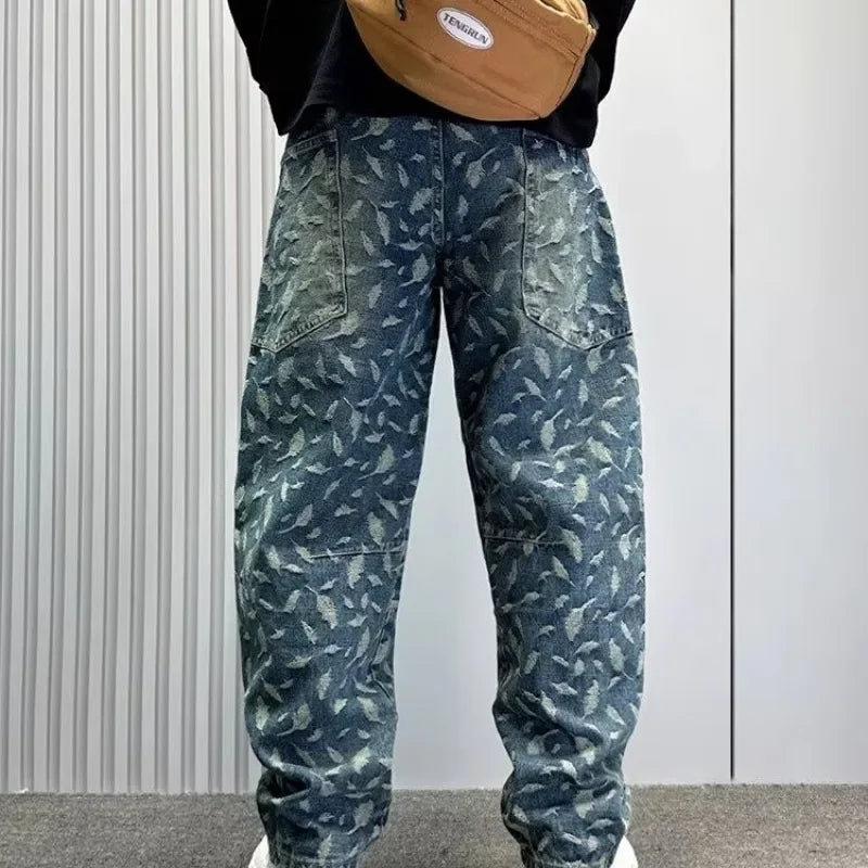 American Style Hip Hop Men's Wide Leg Jeans Spring High Street Cool Loose Casual Print Straight Leg Pants